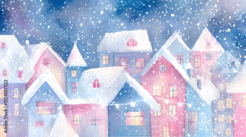 Charming winter town illustration cozy homes snow twinkling lights evoke joyful holiday memories