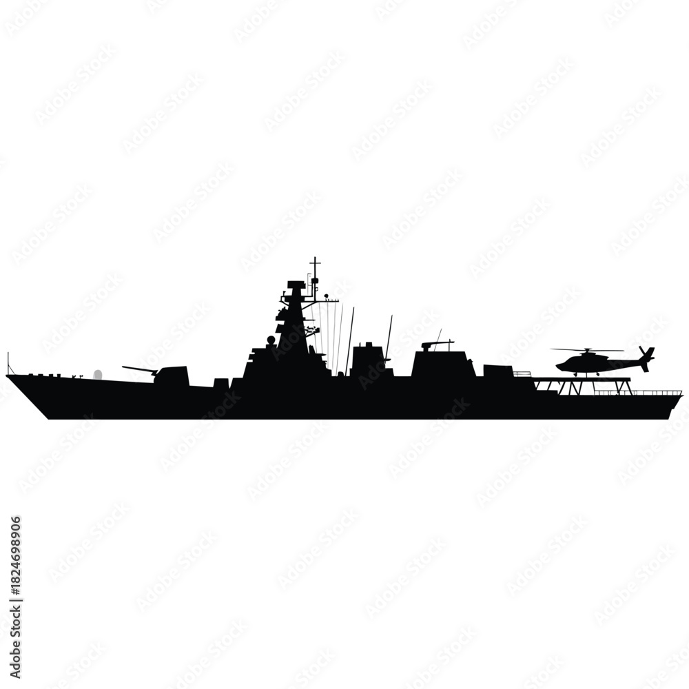 Fototapeta premium Silhouette of a modern warship with a helicopter on deck