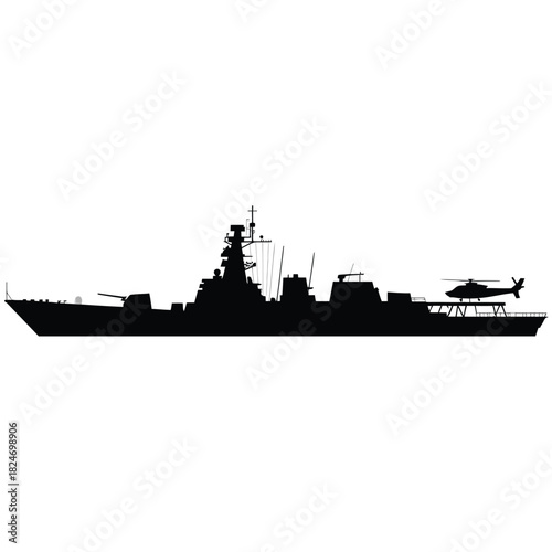 Silhouette of a modern warship with a helicopter on deck