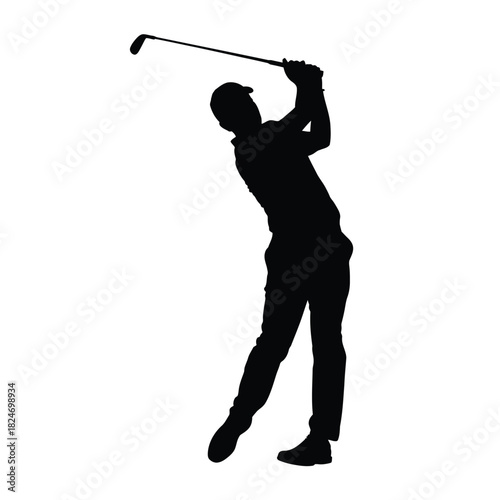 Silhouette of a golfer swinging a club on a white background