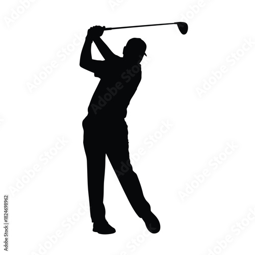 Silhouette of a golfer in mid swing against a white background