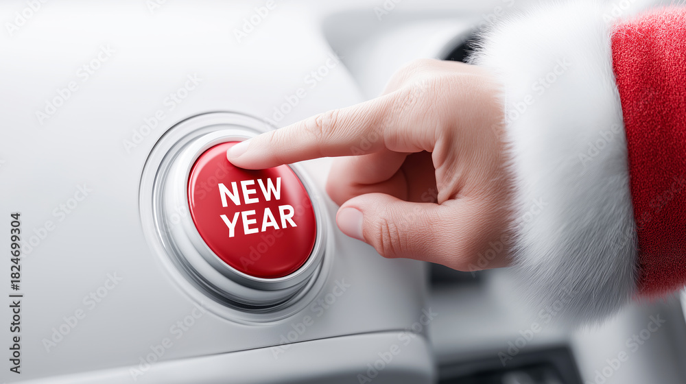 Fototapeta premium Close-up of Santa finger pressing the red start button on a car with the word NEW YEAR written on it. Atmosphere is festive, with festive lights and copy space on the sides.
