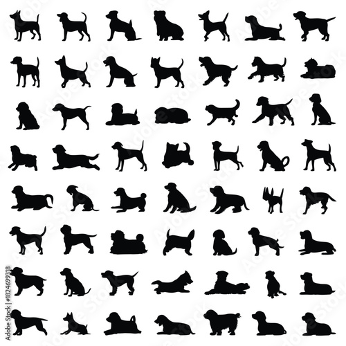 Collection of diverse dog silhouettes in various poses