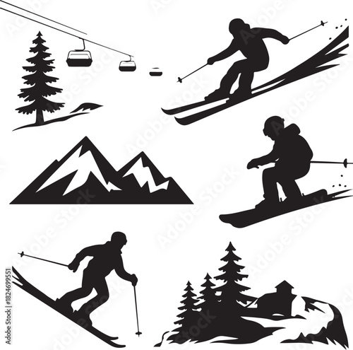 Black and White Skiing Mountain Landscape with Skiers and Chairlift