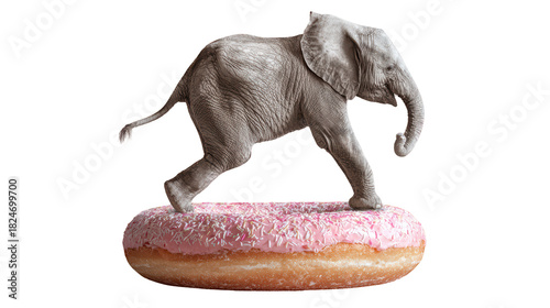 Baby Elephant Standing on Pink Frosted Donut, Surreal Concept Art