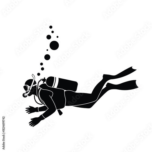 Silhouette of a diver swimming underwater with bubbles