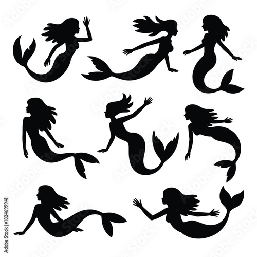 Collection of diverse mermaid silhouettes in various poses