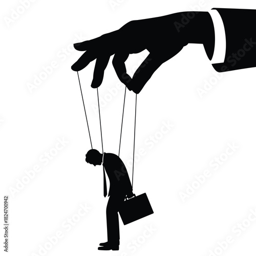 Giant hand manipulating business person like a puppet