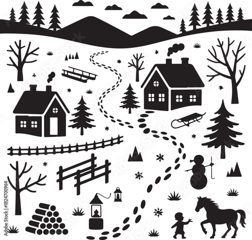 Black and white winter landscape with houses and footprints vector