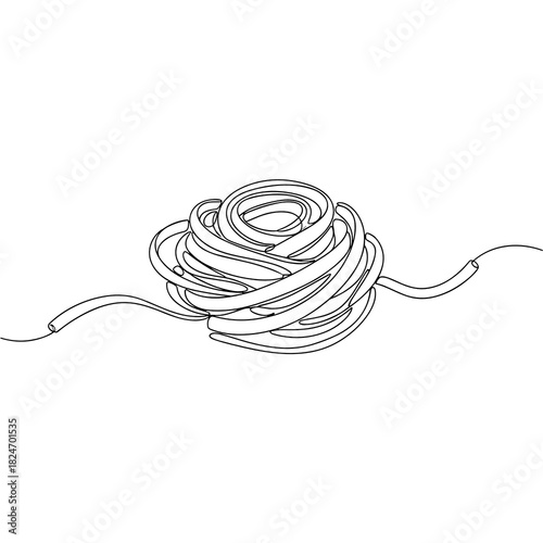 Single continuous line drawing of linguine pasta nest in black and white representing Italian cuisine for restaurant menu with copy space