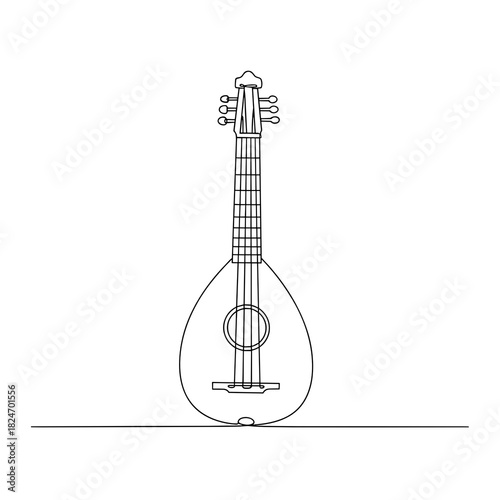 Single continuous line drawing of stringed lute mandolin instrument in black and white representing classical music with copy space