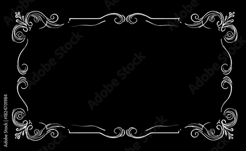 Elegant silver ornate vintage frame on black background with classical baroque filigree design for text borders and luxury invitations