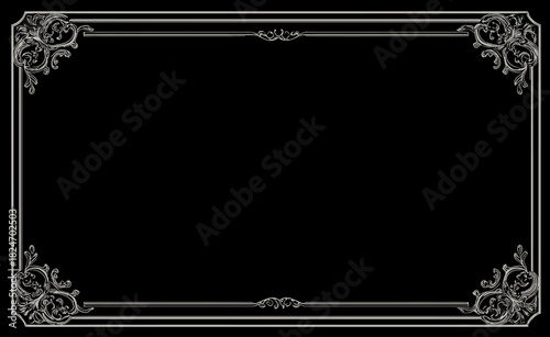 Elegant Ornate Decorative Frame Border on Black Background. Vintage Victorian Style Scrollwork Design Element for Certificates & Invitations.