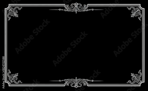 Elegant ornate vintage frame, classic decorative border on black. Intricate scrollwork design element for silent film titles, certificates, retro screens.