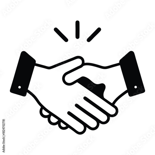 A stylized dark handshake icon signifies partnership, agreement, and consensus on a light background