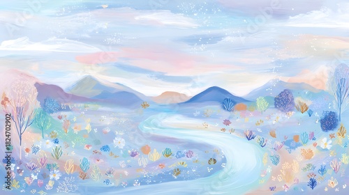 Gentle mountain landscape watercolor painting serene inviting scene pastel colors artistic child friendly design