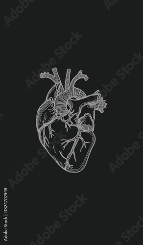 Detailed Anatomical Human Heart Organ Line Art Illustration for Medical, Science, and Biology Concepts on Dark Background