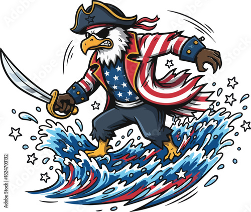 Cartoon Bald Eagle Mascot Pirate With American Flag Theme Wielding Sword and Surfing on Waves Illustration