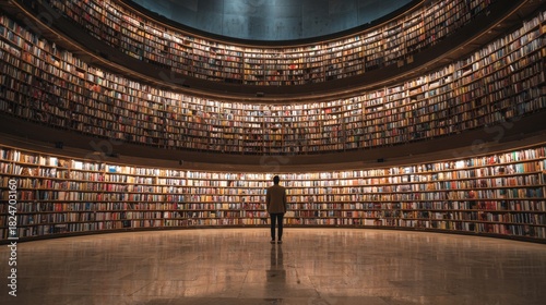 A person stands in awe within a large, circular library surrounded by towering bookshelves filled with numerous books. Soft light illuminates the space, enhancing the tranquil atmosphere.