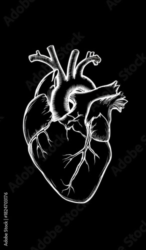 Detailed hand-drawn anatomical human heart illustration in black and white. Scientific biological diagram of a vital organ.
