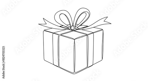Minimalist line art illustration of a wrapped gift box with bow on white backdrop