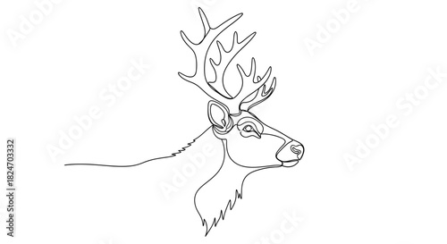 Minimalist line art illustration of a majestic deer head with intricate antlers creating a