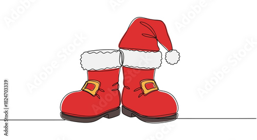 Festive Christmas Boots with Santa Hat in Continuous Line Drawing Style Isolated