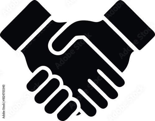 A gray symbolic handshake is depicted with hand gestures touching firmly on a plain backdrop