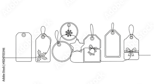 Festive holiday sale tags with minimalist one line drawing approach for marketing materials and