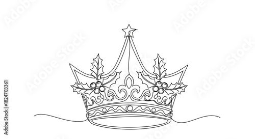 Elegant Continuous Line Drawing of a Christmas Crown Adorned with Holly Berries Decoration
