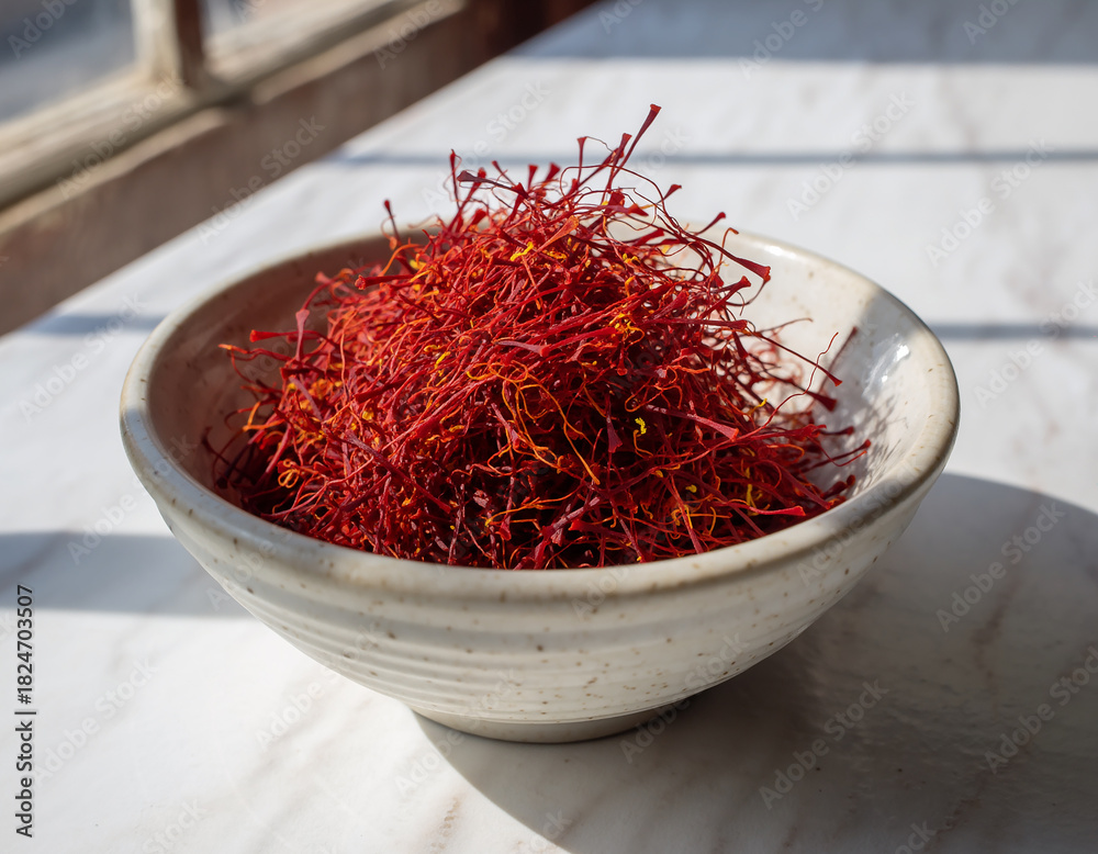 Fototapeta premium Vibrant red saffron threads in a rustic ceramic bowl, a valuable and aromatic culinary spice