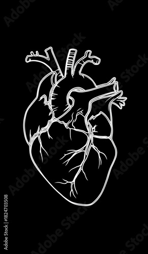 Detailed anatomical human heart line art illustration on a black background, showcasing cardiac biology, medicine, and health concepts.