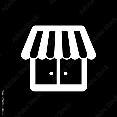 White shop icon on black background. Minimalist retail store symbol with striped awning and closed doors. Small business, e-commerce graphic.