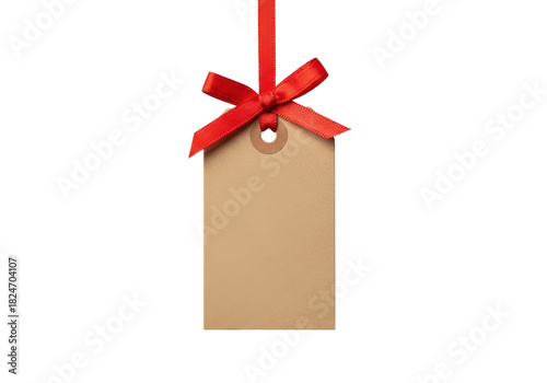 Blank brown paper gift tag with red ribbon isolated on transparent background, label for Christmas present or price tag PNG