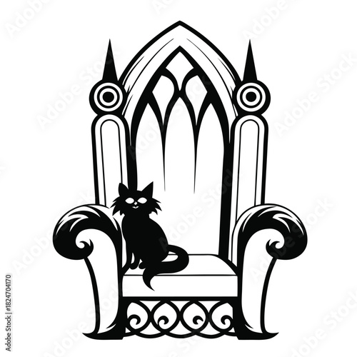A regal black cat is sitting proudly on a gothic style throne chair