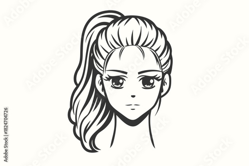 Anime styled girl with her hair up looks ahead with neutral expression