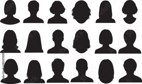 Diverse Silhouettes of Human Heads and Shoulders, Representing Various Hairstyles