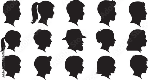 Diverse Silhouettes of People in Profile: Men, Women, and Children