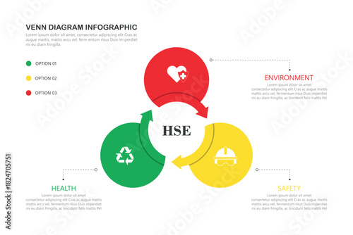 Venn diagram infographic with HSE - Health Safety Environment, illustration vector.