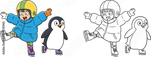 Cheerful Child and Penguin Buddy Ice Skating with Silly Expression