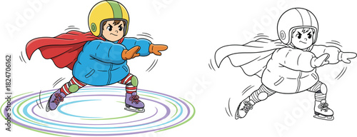 Kid Ice Skating in Exaggerated Superhero Pose with Red Cape