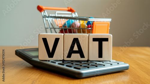 Vat word blocks on a calculator with a miniature shopping cart symbolizing value added tax and consumer spending