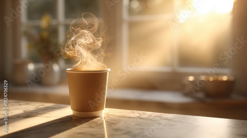 A steaming cup of coffee rests on a marble countertop. The warm glow of early morning sunlight filters through the window, creating a cozy atmosphere in the kitchen.