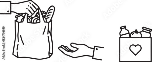 Hands exchanging a grocery bag and a donation box with food items