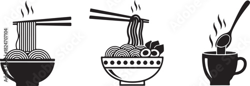 Icons of steaming noodles and hot beverage in a cup with spoon