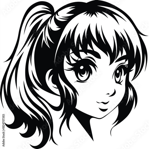 Animated young Asian girl with dark hair is smiling sweetly in black and white