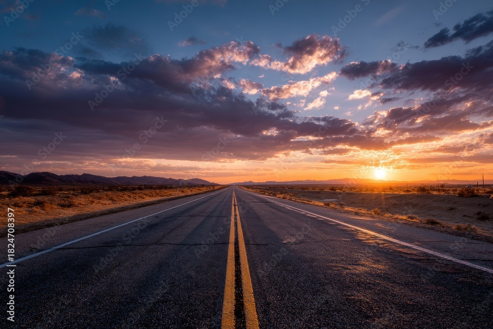 Naklejka premium Desert road stretching into warmth under vibrant sunset sky with distant mountains, surrounded by sparse shrubs, evoking tranquility and solitude in a stunning natural landscape