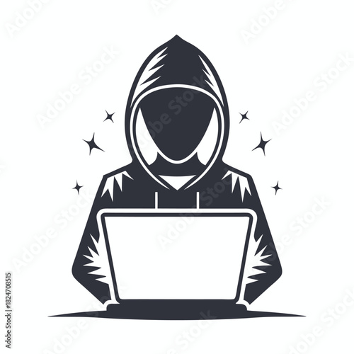 Anonymous figure in hooded silhouette uses a laptop with shining sparks around