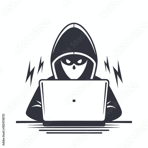 Hooded hacker with mask is intensely typing code on a laptop for security attack