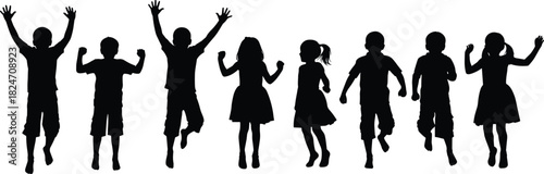 Silhouettes of happy children jumping and playing, energetic kids in motion, joyful group activity illustration perfect for fun, youth, recreation designs